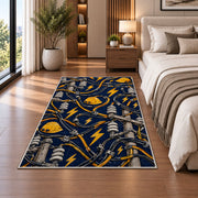 power lines and lightning pattern rug in a bedroom beside the bed