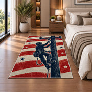 patriotic lineman silhouette rug in a bedroom beside the bed