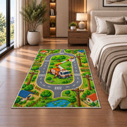 kids lineman road play rug in a bedroom beside the bed