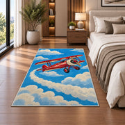 Vintage Biplane Rug in a bedroom beside the bed