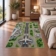 Airport Runway Rug in a bedroom beside the bed