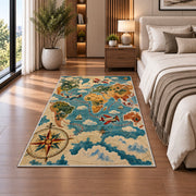 Vintage World Map Rug in a bedroom beside the bed