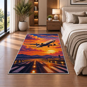 Jet Takeoff Sunset Rug in a bedroom beside the bed