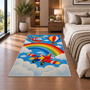 Rainbow Airplane Rug in a bedroom beside the bed