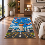 Control Tower Rug in a bedroom beside the bed
