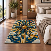 Art Deco Propeller Rug in a bedroom beside the bed