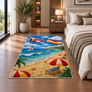 Beach Airplane Banner Rug in a bedroom beside the bed