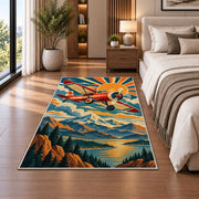 Retro Aviation Poster Rug in a bedroom beside the bed