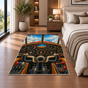 Airplane Cockpit Rug in a bedroom beside the bed