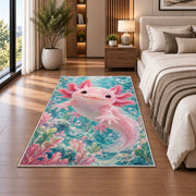Cute Pink Axolotl Rug in a bedroom beside the bed