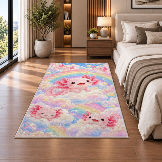 Rainbow Axolotl Rug in a bedroom beside the bed