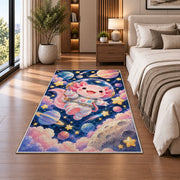 Astronaut Axolotl Rug in a bedroom beside the bed