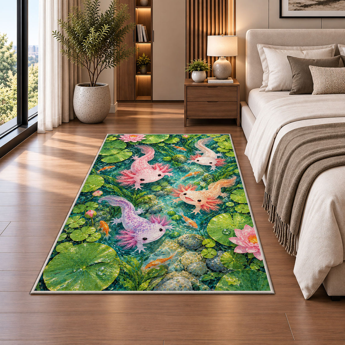 Axolotl Pond Rug in a bedroom beside the bed