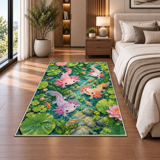 Axolotl Pond Rug in a bedroom beside the bed
