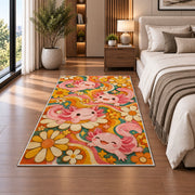 Retro Groovy Axolotl Rug in a bedroom beside the bed