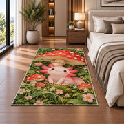 Axolotl Mushroom Rug in a bedroom beside the bed
