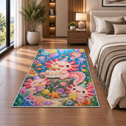 Axolotl Birthday Party Rug in a bedroom beside the bed
