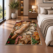 Gingerbread baking rug in a bedroom beside the bed