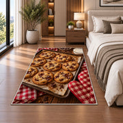 Chocolate chip cookie tray rug in a bedroom beside the bed