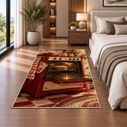 Vintage red oven rug in a bedroom beside the bed