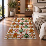 Christmas cookie grid rug in a bedroom beside the bed