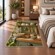 Sage farmhouse baking shelf rug in a bedroom beside the bed