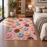 Donut pattern rug in a bedroom beside the bed