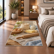 Eggs flour and butter rug in a bedroom beside the bed