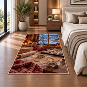 Winter baking window rug in a bedroom beside the bed