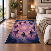 Ballerina silhouettes rug in a bedroom beside the bed