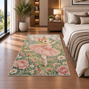 Bunny ballerina rug in a bedroom beside the bed