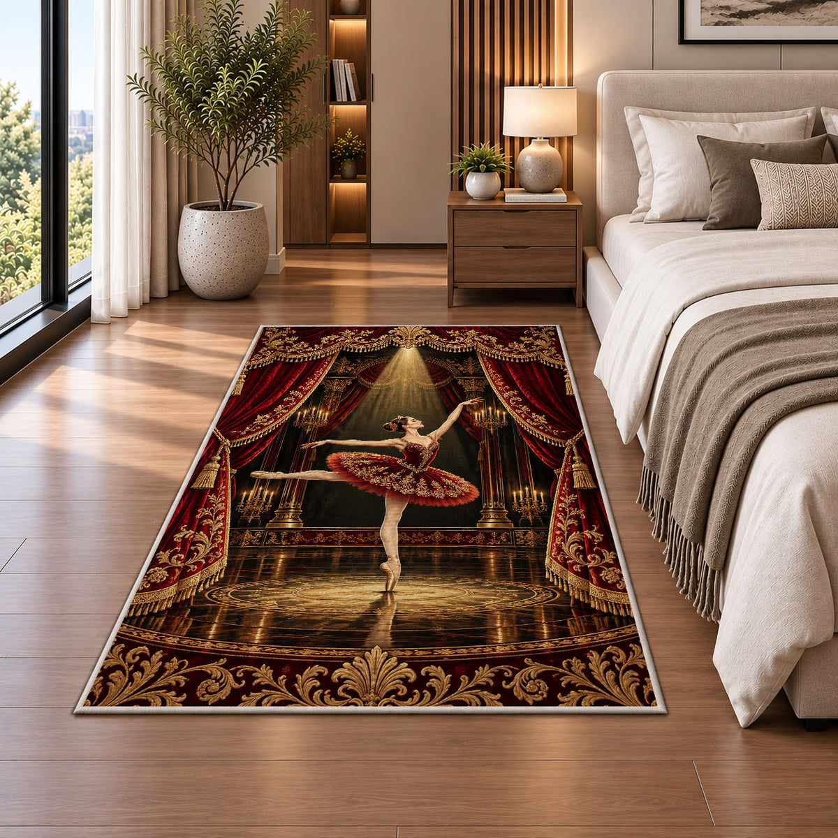Ballerina in spotlight rug in a bedroom beside the bed
