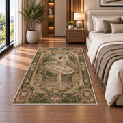 Vintage ballerina tapestry rug in a bedroom beside the bed