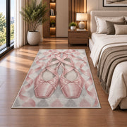 Pointe shoes harlequin rug in a bedroom beside the bed