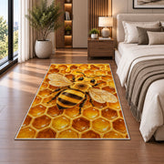 Honeybee Honeycomb Rug in a bedroom beside the bed