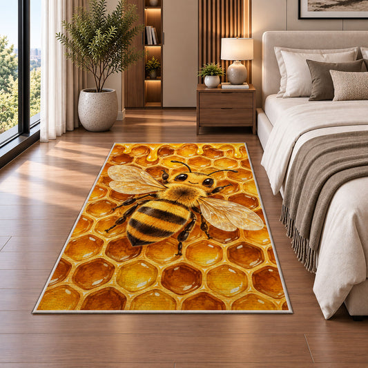Honeybee Honeycomb Rug in a bedroom beside the bed
