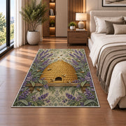 Vintage Straw Beehive Rug in a bedroom beside the bed