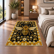 Golden Bee Honeycomb Border Rug in a bedroom beside the bed