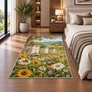Vintage Bee Farm Rug in a bedroom beside the bed