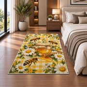 Gingham Honey Jar Bee Rug in a bedroom beside the bed