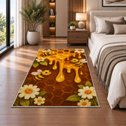 Dripping Honeycomb Bee Rug in a bedroom beside the bed