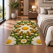 Bee Ring Daisy Medallion Rug in a bedroom beside the bed
