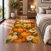 Autumn Beehive Pumpkin Rug in a bedroom beside the bed