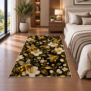 Golden Bees on Black Rug in a bedroom beside the bed