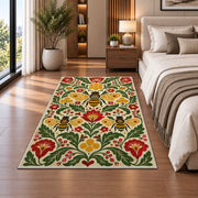 Scandinavian Folk Art Bee Rug in a bedroom beside the bed