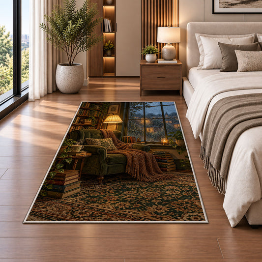 Rainy Day Reading Nook rug in a bedroom beside the bed