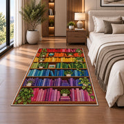 Rainbow Bookshelf rug in a bedroom beside the bed