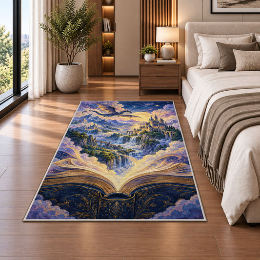 Fantasy World from a Book rug in a bedroom beside the bed