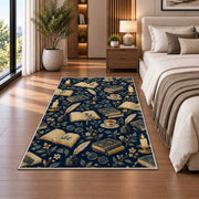 Book and Quill Pattern rug in a bedroom beside the bed