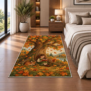 Girl Reading Under Autumn Tree rug in a bedroom beside the bed